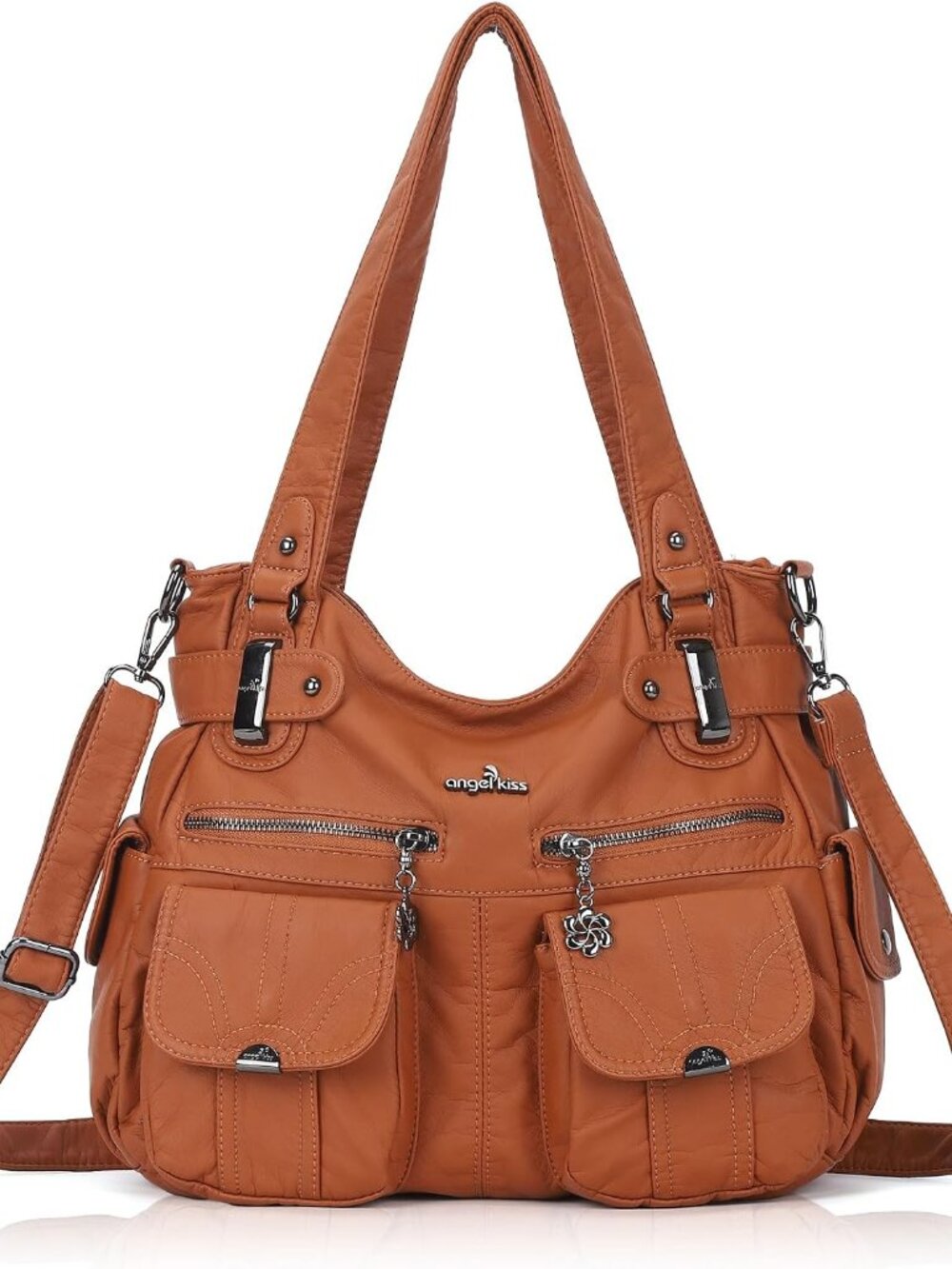 Women's Designer Handbag Large Double Zipper Multi Pocket Washed Leather Purse